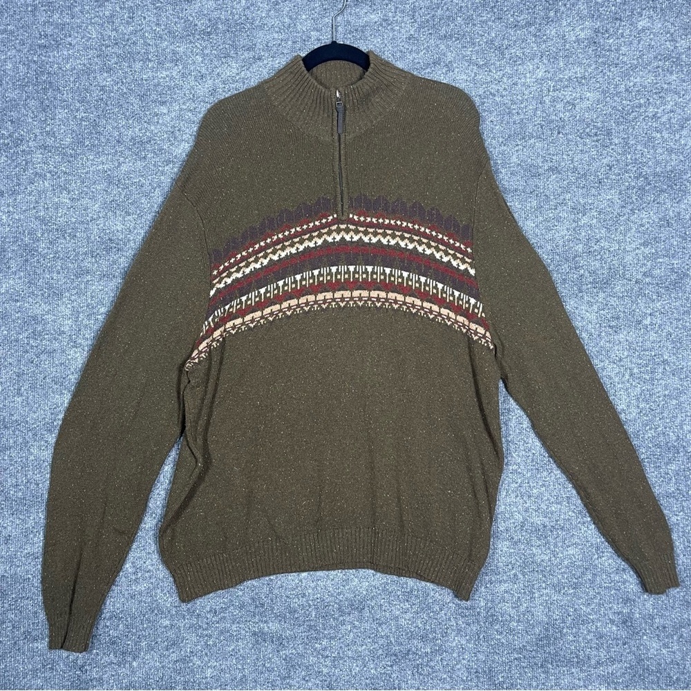 Eddie Bauer Mens XL Green Knit Mock Neck 1/4 Zip Lambs Wool Fair Isle Sweater